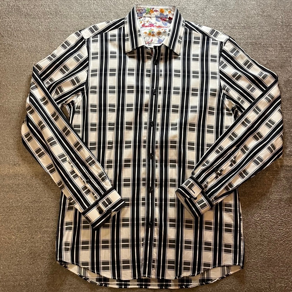 Report Collection Mens Black White Plaid Button Down Shirt Floral Trim Medium